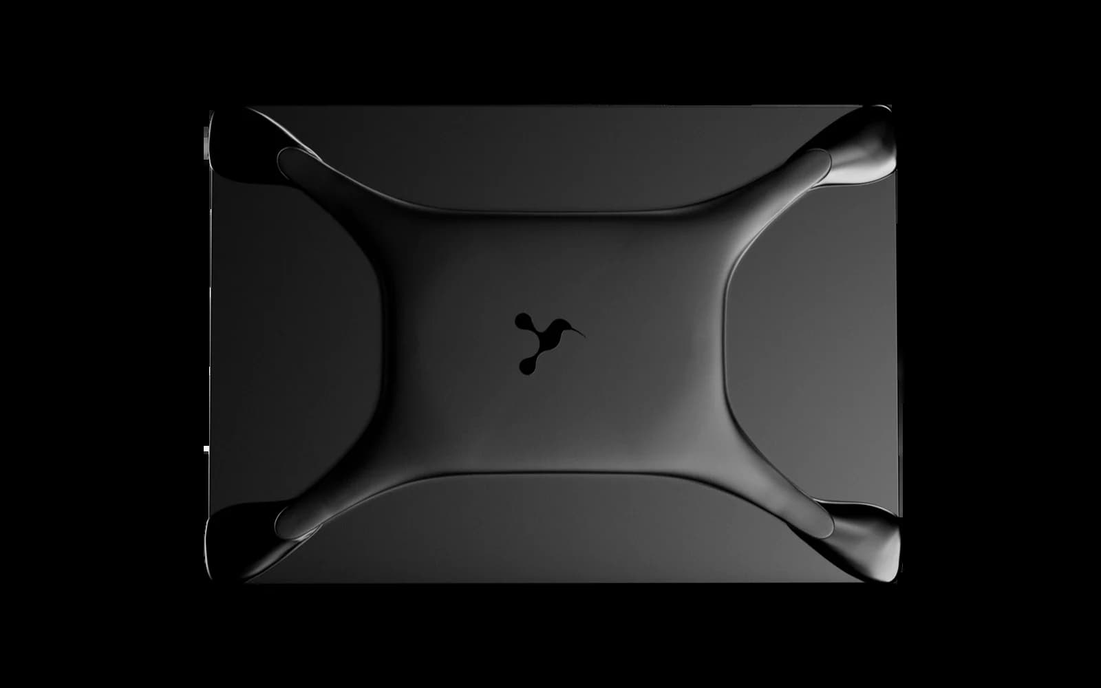 Case X — the final shipping unit, overhead view showing the four magnetic corner clips and embossed byrd emblem